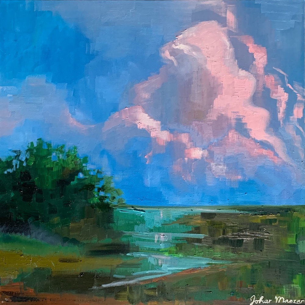 Original Oil Painting Blue Green Pink Clouds Sunset Sunrise Sky Landscape Art